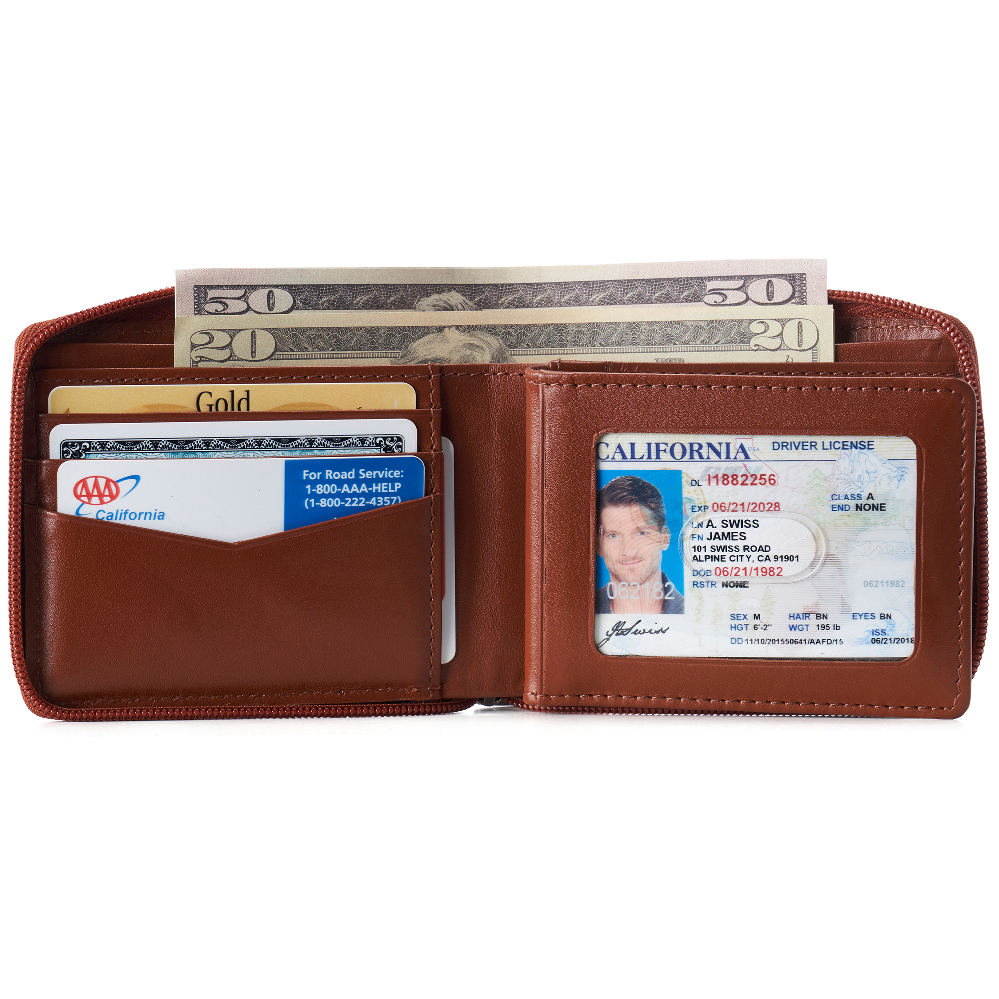 Men's Genuine Leather Zipper Bifold Wallet With Outside ID Window - Dark Brown, New